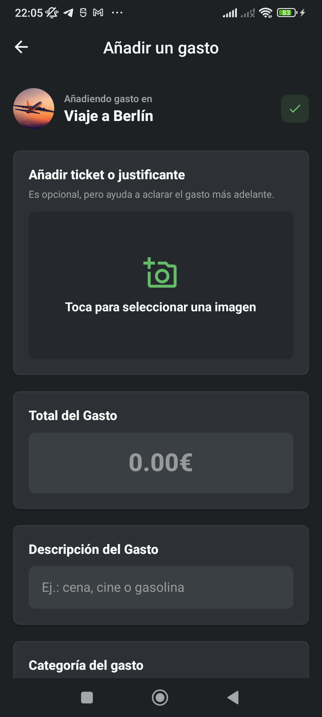 Formulario actual para añadir un gasto con ticket, importe y descripción