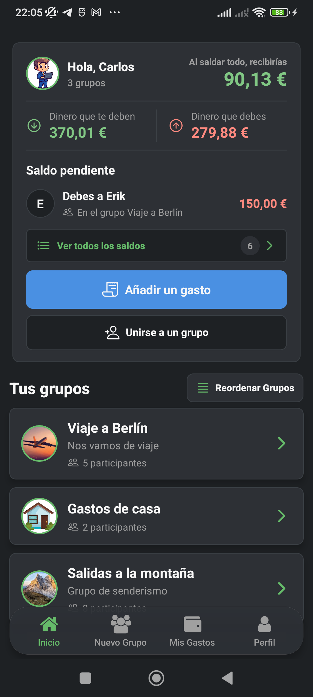 Inicio de SplitEasy con el balance, saldos pendientes y grupos