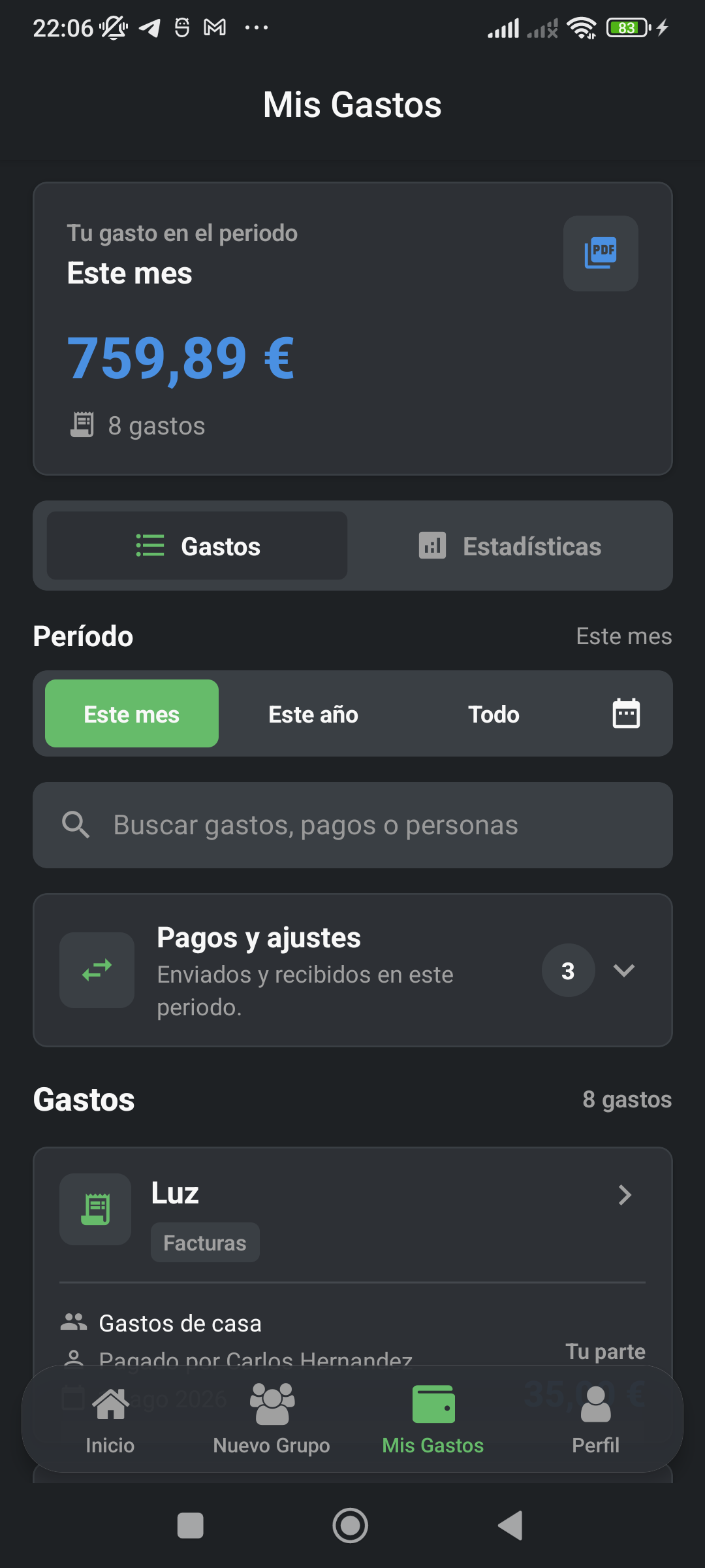 Pantalla Mis Gastos con filtros, pagos, ajustes y exportación PDF