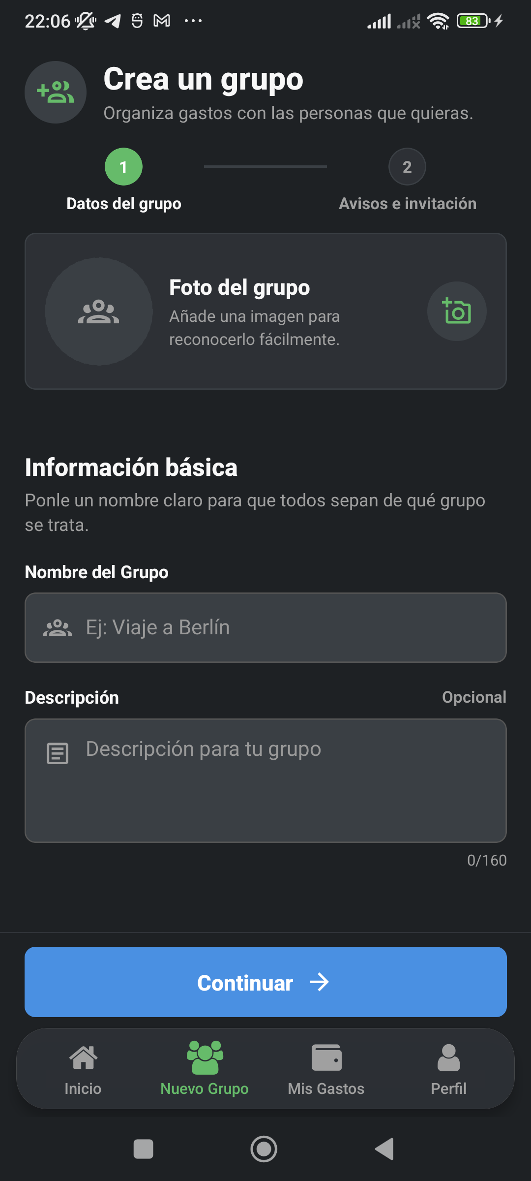 Pantalla para crear un grupo con foto, nombre y descripción